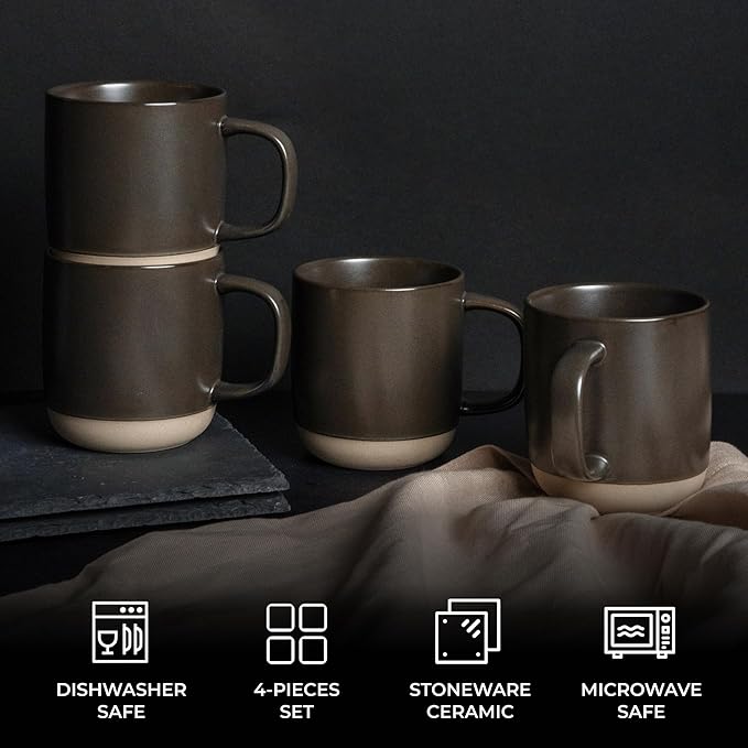 MIAMIO – Coffee Mugs Set of 4 / Ceramic Cups for Coffee (17.5 oz), Cappuccino, Latte Macchiato, Tea, Espresso/Dishwasher and Microwave Safe – Sierra Collection (Dark, Mugs (4x))