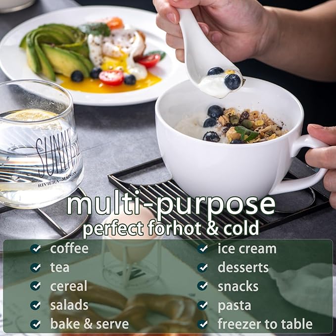 Chulan Large White Bone China Soup Coffee Mugs, 22 oz Lightweight Jumbo Porcelain Mugs Set of 2, Ceramic Extra Big Cups with Handles for Hot Drink Cereal Salads Desserts Coffee Tea Latte Cocoa Juice