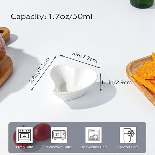 UIBFCWN 6 Pack 1.7 Oz Ceramic Soy Sauce Dish, White Dipping Sauce Bowls, Heart Shape Dipping Bowls for Ketchup, Vinegar, Sushi, BBQ and Party Dinner, Condiment Server