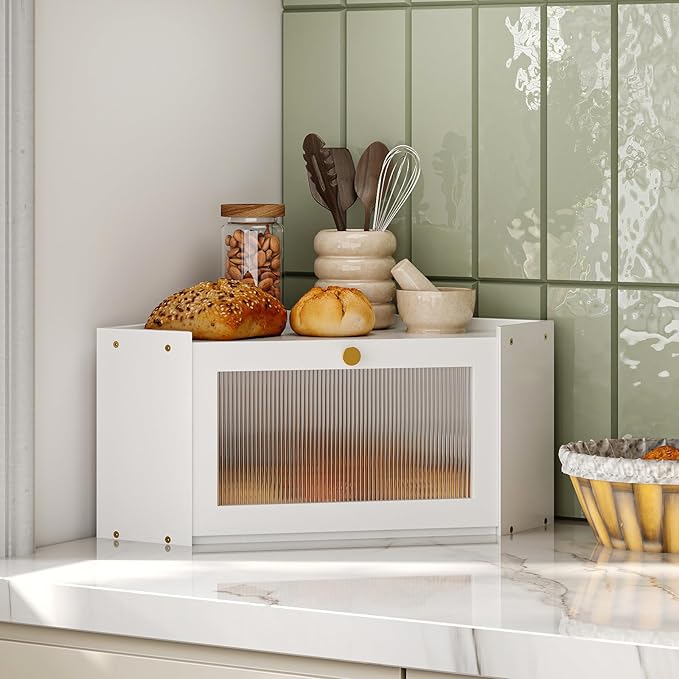 Corner Bamboo Bread Box for Kitchen Counter Large Capacity Rustic Bread Storage Container with Wavy Arcylic Transparent Door Vintage Storage for Homemade Bread (White)