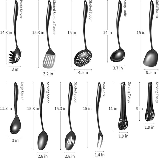 304 Stainlss Steel Matte Kitchen Utensils Set, 11 Pcs Long Metal Cooking Utensil Gadgets Tools Set with Spatula, Ladle, Spoon, Skimmer, Turner, Pasta Server, Tongs(Black, Dishwasher Safe)