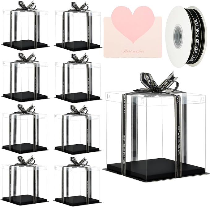 8x8x9Inch Clear Cake Box 8Pcs Tall Cake Box Clear Cake Boxes Treat Boxes Cake Transport Container Tall Cake Carrier Cake Carriers for Transport CLEAR Gift Box Display Case cajas para pasteles Black