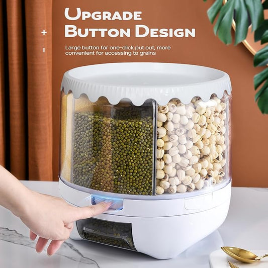 Grain Dispenser, 360° Rotating Storage Container, 6 Grid Food Dispenser with Storage Sealed Lid, Rice Dispenser for Kitchen Grains, Beans, Rice