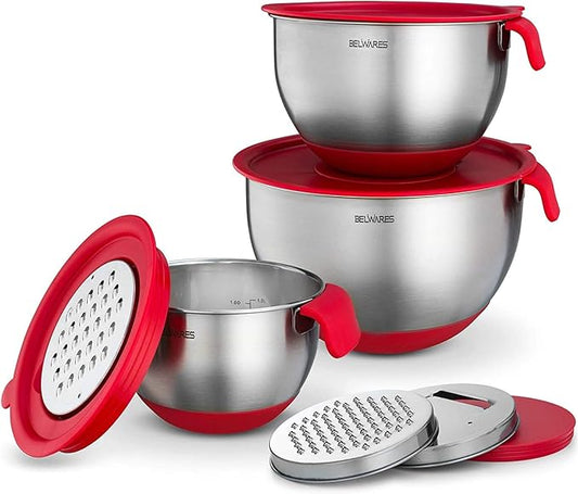 Belwares Mixing Bowls with Lids Set - 3-Piece Stainless Steel Nesting Bowls with Graters, Handles, and Airtight Lids - Non-Slip Mixing Bowls for Cooking, Baking, Prepping, and Food Storage (Red)