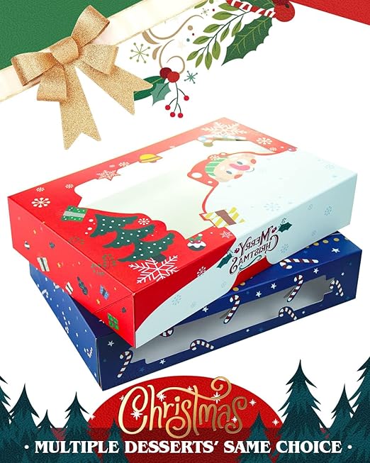 qiqee Christmas Cookie Boxes for Gift Giving 8x5.3x2 inch 36Packs Xmas Treat Box with Window Bakery Box for Donuts Candies and Biscuit