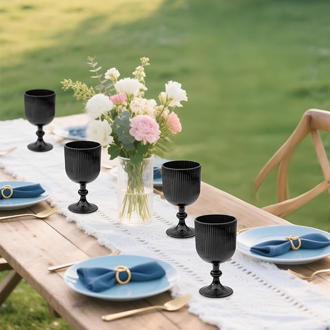 Black Vintage Wine Glasses Set of 6, 11 Ounces Colored Glass Water Goblets, Unique Embossed Pattern High Clear Stemmed Glassware Wedding Party Bar Glass Drinking Cups Fancy Glasses Hand Wash Only