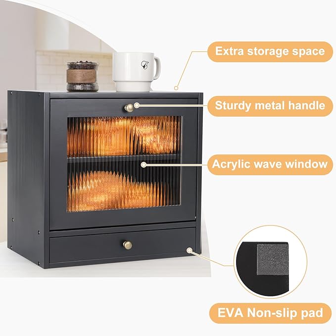 Sunhoo Bread Box for Kitchen Countertop Bin 2 Layer Wooden Bread Storage Breadbox Holder Large Capacity Container Bread Organizer Farmhouse Keeper Shelf with Drawer Acrylic Window (Black