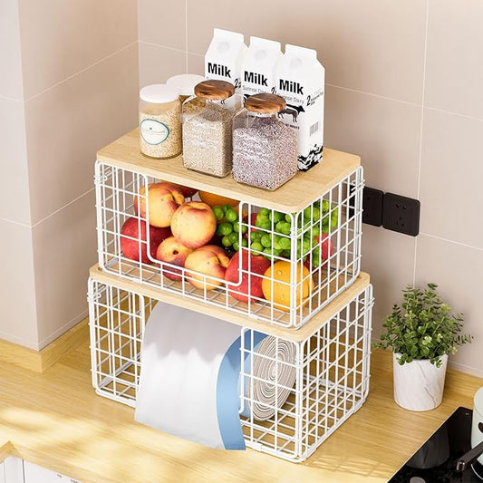 2 Pack Trash Bag Dispenser, Trash Bag Holder with Bamboo Top, Garbage Bag Dispenser, Storage Stackable for Kitchen Laundry Organizers Countertop Organization, White