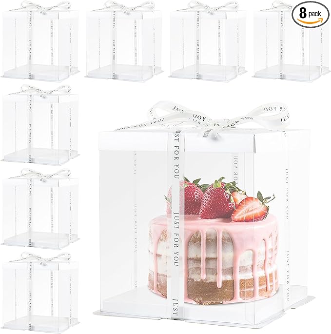8 Packs Tall Cake Boxes with Ribbon,8x8x9 inches Bakery Boxes,White Multi-Layer Cake Containers for Birthday,Wedding, Halloween. (White, 8 * 8 * 9 inch/8pcs)