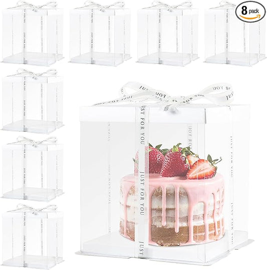 8 Packs Tall Cake Boxes with Ribbon,8x8x9 inches Bakery Boxes,White Multi-Layer Cake Containers for Birthday,Wedding, Halloween. (White, 8 * 8 * 9 inch/8pcs)
