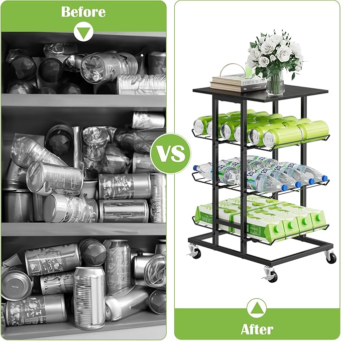 smusei Water Bottle Organizer 3 Tier Free Standing Storage Rack Mobile Beverage Snack Cart with Wheels, Bottled Water Rack for Floor Metal Drink Shelf Stand for Pantry Living Room