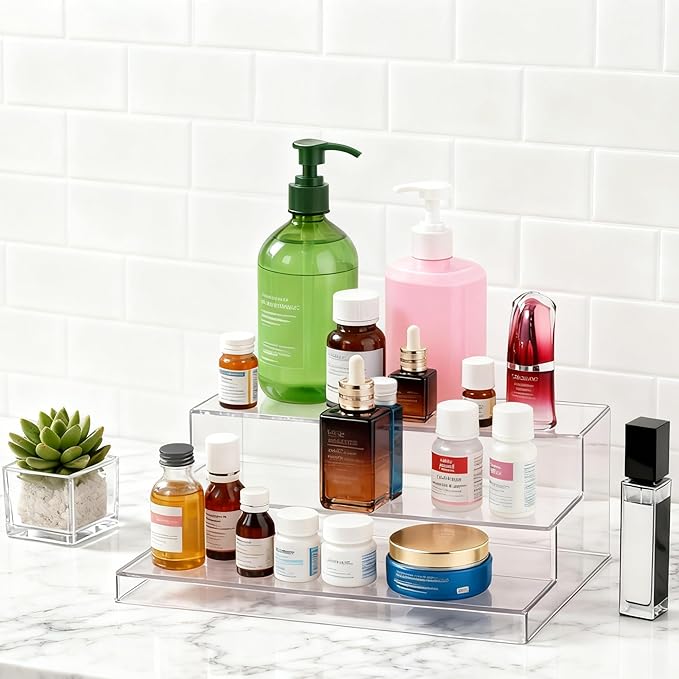 vacane Clear Spice Rack, 3 Tiered Shelf Spice Organizer for Cabinet, Spice Shelf and Perfume Organizers Make Up Organization Great for Pantry, Bathroom, Kitchen, Bedroom, Office 2 pack