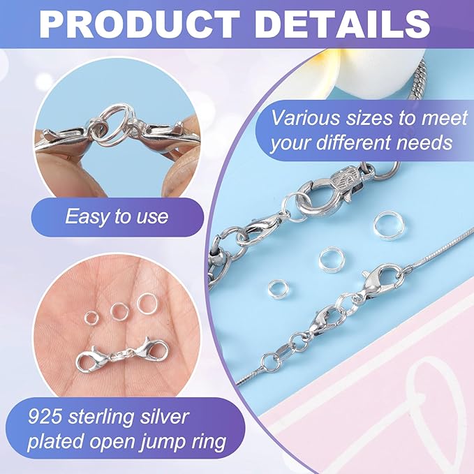 16pcs Jump Rings for Jewelry Making, 925 Sterling Silver Split Jump Ring, 3/4/5/6mm Small Key Rings Open Connector Closures for Necklace Bracelets Jewelry Marking