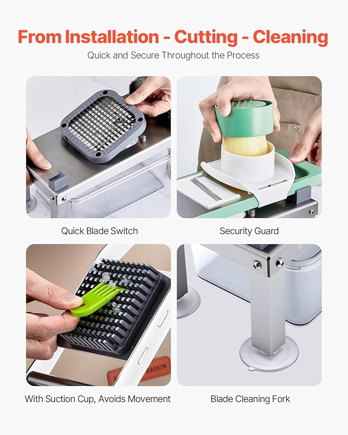 VEVOR Vegetable Chopper Mandoline Slicer, All-in-1 Food Veggie Cutter with 8 Stainless Steel Blades, Cheese Grater Onion Potato Salad Dicer with Container,Kitchen Gadgets&Essentials Home Appliances