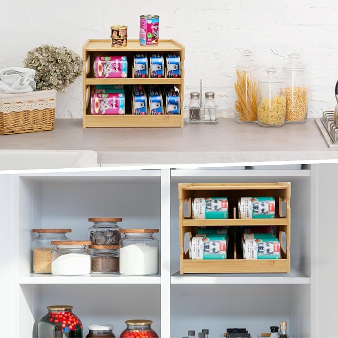Bamboo Can Organizer for Pantry, 2 Tier Bamboo Pantry Organizer for Kitchen Counter, Cat Food Storage Holds Up to 36 Cans, Can Rack Organizer for Human and Pet Food Cans, FIFO Design