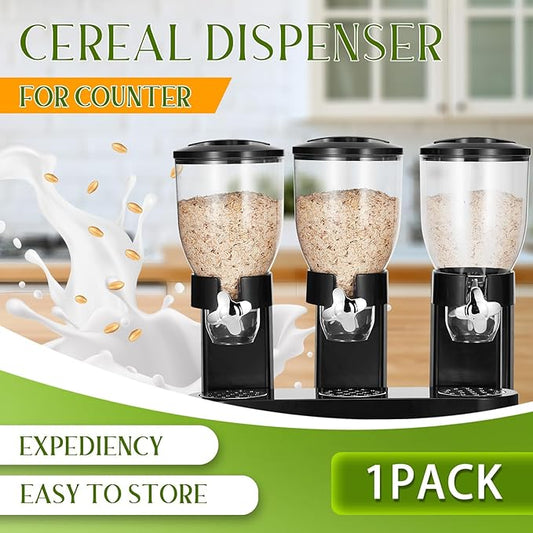 Umigy 1 Pack Triple Indispensable Dry Food Dispenser 67oz Each Capacity Cereal Container for Storage Preserving Dispensing Kitchen Rice Candy Nuts Dog Food Granola Snack Gumball Countertop (Black)