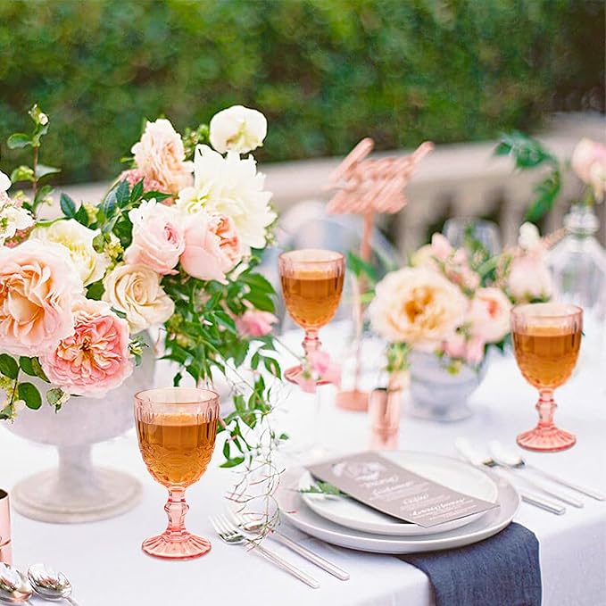 24 Pcs Vintage Wine Glasses, 10 Ounces Colored Glass Water Goblets, Unique Embossed Pattern High Clear Stemmed Glassware Wedding Party Bar Glass Drinking Cups, Floral Pink Glasses Set of 24