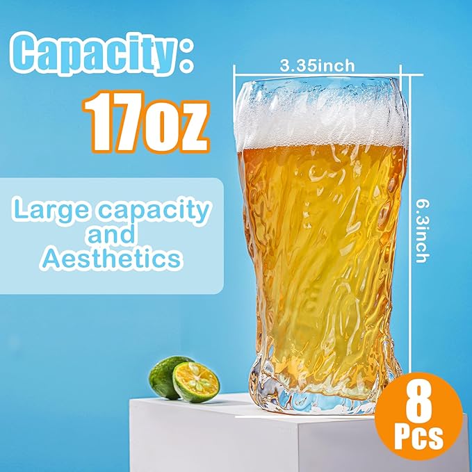 Tall Beer Glasses, Set of 8 Hammered Glass Cups, highball glasses, 17oz Tumbler Drinking Glass Set, Cocktail Drinking Glasses, Water Cups, Bar Glassware, Juice, Iced Tea, Margarita