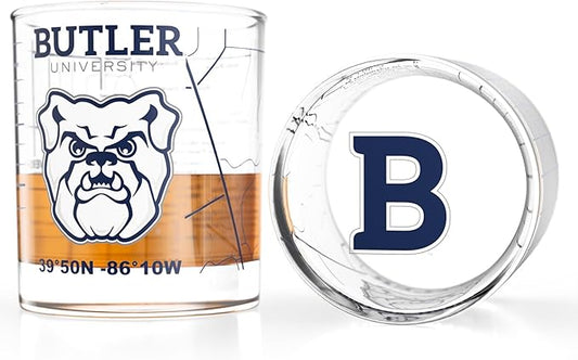Greenline Goods – University of Butler Bulldogs College Whiskey Glasses (Set of 2), 10 oz – Full-Color Logo + Campus Map