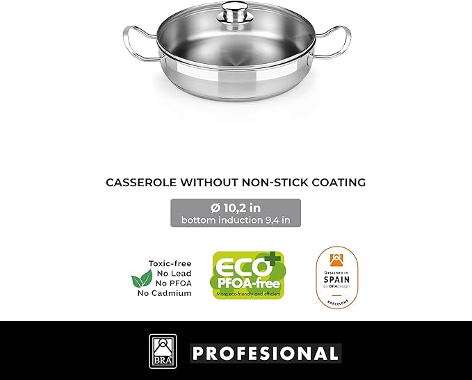 BRA COOKWARE Profesional 9 Piece Cookware Set | Stainless Steel Professional Kitchenware Set | 2 Pots, 1 Sauté Pan, 3 Frying Pans, 3 Lids | All Heat Sources Compatible | PFOA Free