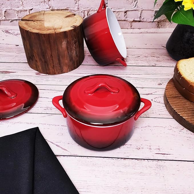 Ceramic Mini Cocotte Set, 17.7 Ounces Small Casserole Dishes with Lids and Handles, Individual Baking Ramekins, Oven, Microwave & Dishwasher Safe (Inner white outer gradient Red glaze)