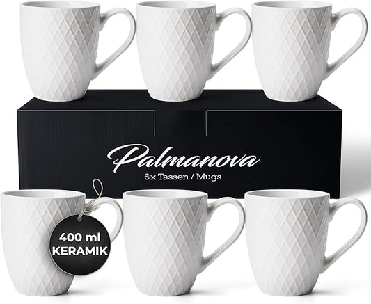 MIAMIO - Coffee Mugs set of 6 / Coffee Cups - 6 x 14 Oz Ceramic Mugs - Large Coffee Mugs - Microwave & Dishwasher safe - Palmanova Collection (White)