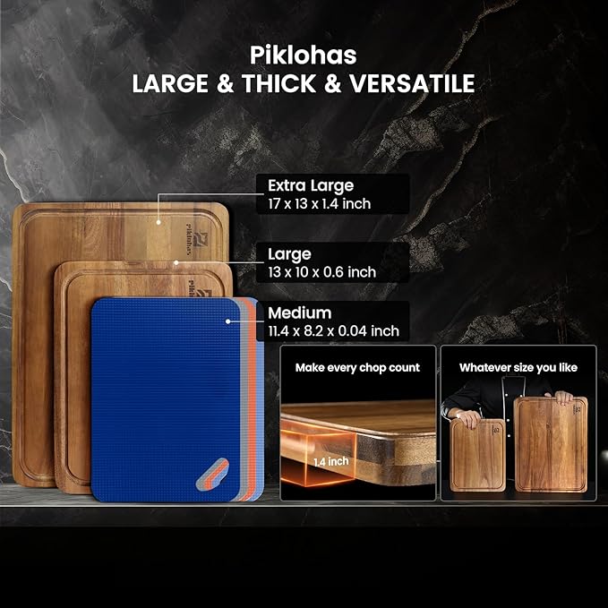 Cutting Boards Large Set of 7, Acacia Wood Charcuterie Chopping Board for Kitchen with Holder Non Slip Feet, Plastic Serving Board Mats, Juice Groove, Reversible Butcher Block for Meat Cheese Bread