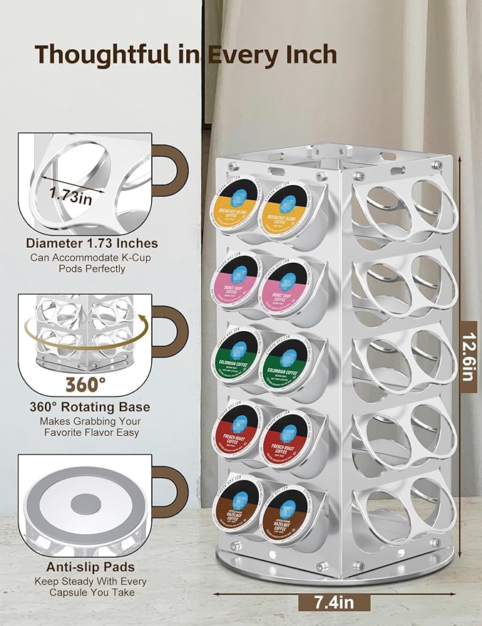 K Cup Holder, Coffee Pod Holder for Keurig – 360° Rotating Aluminum Coffee Organizer for Countertop,Saving Design with Anti-Slip Base for Kitchen or Office,Capacity of 40 Pods,Silver