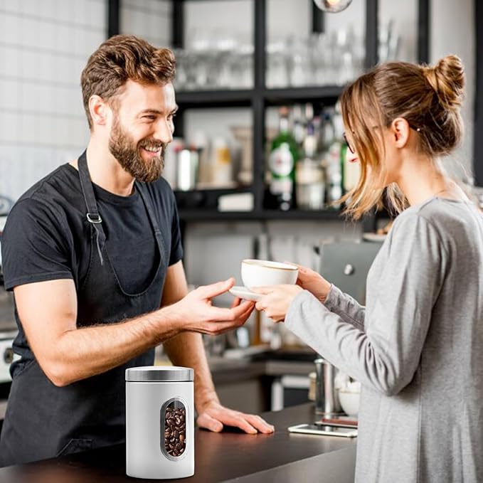 Canisters Sets for the Kitchen, 3pcs Sugar Flour Tea Coffee Storage Jars Stainless Steel Food Container Organizer for Kitchen Counter with Transparent Window (white)