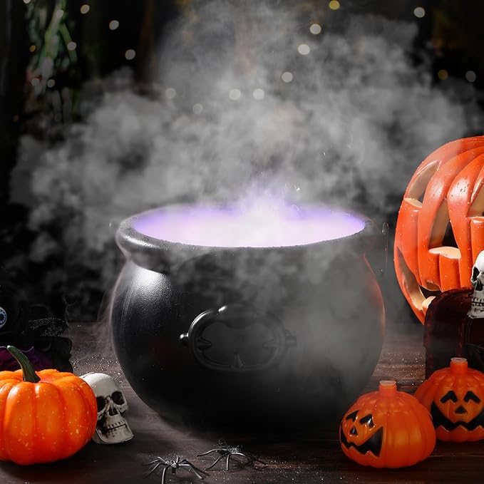 Wettarn Halloween Witches Cauldron 8 Plastic Smoking Cauldron Punch Bowl Decorations with Handle Mist Maker Fogger 12 LED Lights Fog Machine Atomizer Large Smoking Pot for Indoor Outdoor Parties