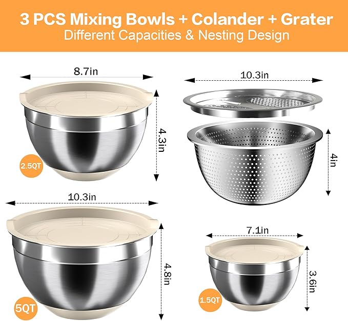 Mixing Bowls with Airtight Lids, Stainless Steel Mixing Bowl Set with 3 Metal Nesting Bowls, Colander & Grater, Non-Slip Bottoms, Size 1.5, 2.5, 6 QT, Great for Mixing & Serving, Khaki