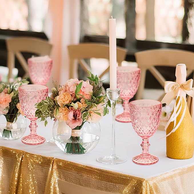 24 Pcs Vintage Wine Glasses, 10 Ounce Colored Glass Water Goblets, Unique Embossed Pattern High Clear Stemmed Glassware Wedding Party Bar Glass Drinking Cups, Diamond Pink Glasses Set of 24