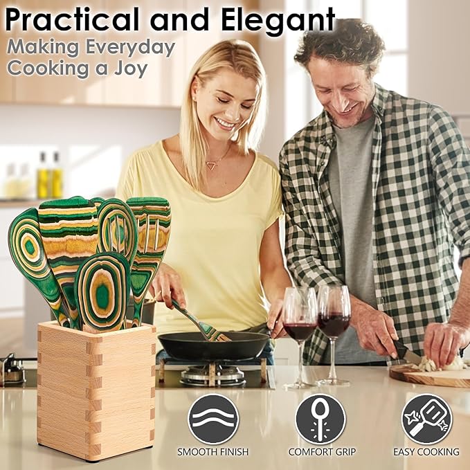 Kitchen Pakkawood Wooden Spoons for Cooking – 7-Piece Kitchen Utensil Set with Spatula, Corner Spoon, Rice Paddle – Nonstick Safe Durable Wooden Cooking Tools for Home Kitchen by Howhong (Oasis)