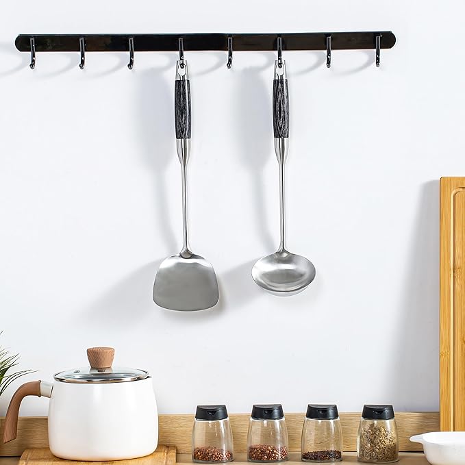 FJNATINH Wok Spatula and Ladle Set - Wok Utensil - Wok Tools - Ebony Wooden Handle Stainless Steel Cooking Utensils Wok Accessories Kitchenware Set of 2