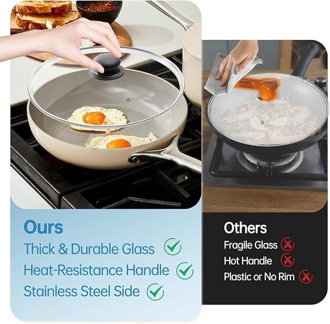 Tempered Glass Lid Compatible with Caraway Pans and Pots, 10.5" Pot Lid Replacement, Cooking Pot Lid Fit for Fry Pan, Dutch Oven and Stock Pot, with Easy to Grip Handle, Stainless Steel Rim, clear