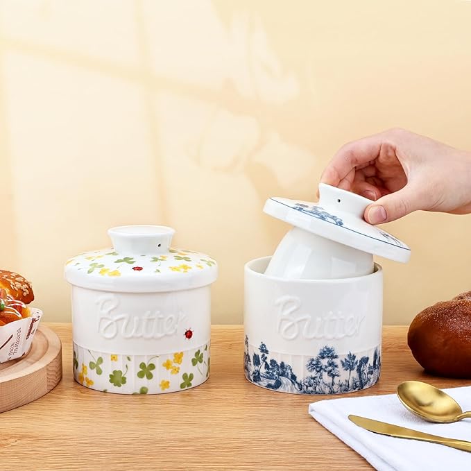 Butter Crock with Water Line, Ceramic Butter French Keeper Dish with Lid for Fresh Spreadable Butter (Forest Blue)