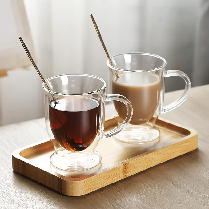 Gejoy 6 Sets Double Wall Glass Coffee Mugs with Spoon Insulated Clear Coffee Mug with Handle Borosilicate Glass Coffee Cups Latte Cup for Cappuccino, Tea, Latte, Espresso, Hot Beverage(12 OZ)