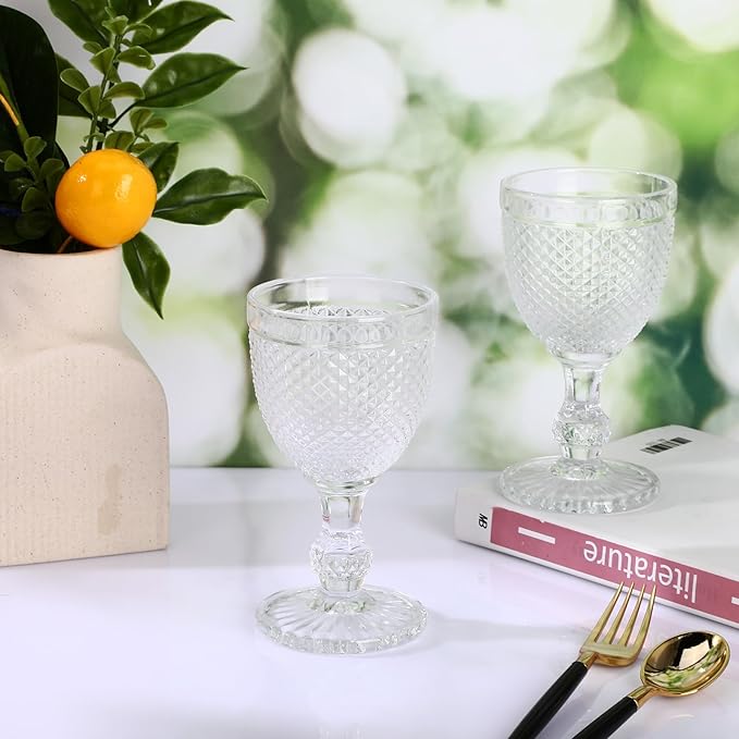 Bokon 6 Pack Clear Glass Goblets Set 10 oz High Clear Wine Glass Vintage Water Goblets Cups Embossed Diamond Design Glassware with Stem for Drinking Juice Liquor Party Wedding Bar