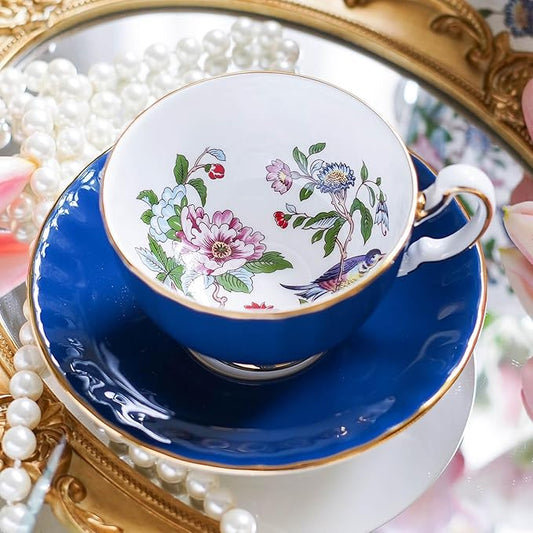 Aynsley Handpainting Colored Glaze Pembroke Oban Fine Bone China English Tea Cup and Saucer Set, 6.1 oz (Blue)