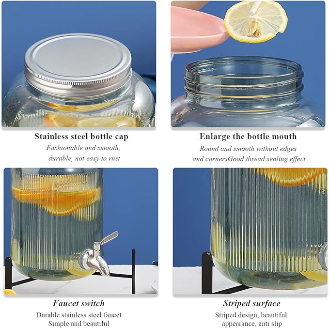 Berglander Glass Drink Dispenser for Fridge, 1 Gallon Beverage Dispenser with Leakproof Stainless Steel Spigot, Water, Laundry Detergent, Juice Dispenser for BBQ, Picnic, Parties and Events (Blue)