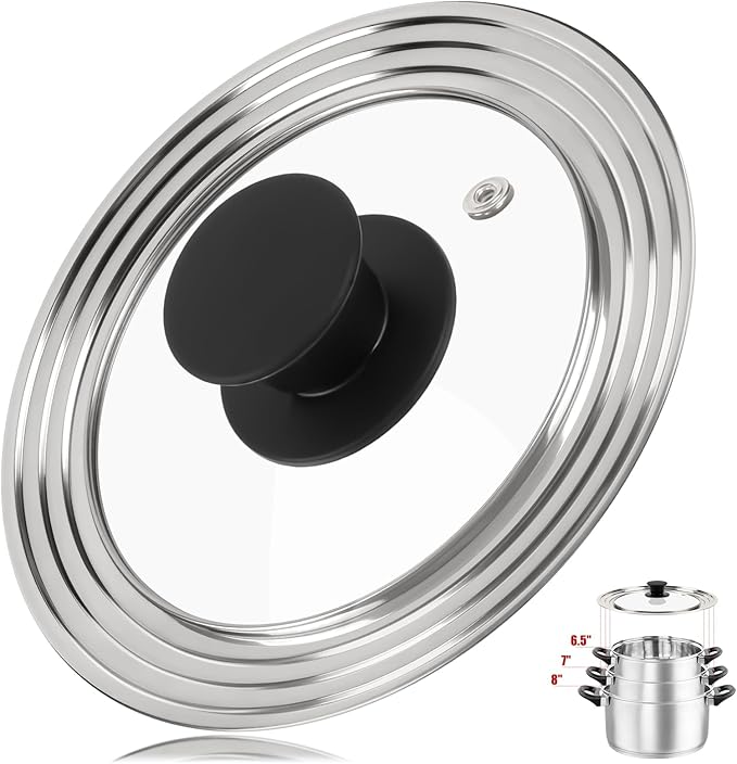 Universal Lid for Pots, Pans and Skillets, Fits 6.5, 7 and 8 Inch Cookware, Replacement Frying Pan Cover with Tempered Glass Top, Stainless Steel Cast Iron Skillet Lids - Heat Resistant Handle