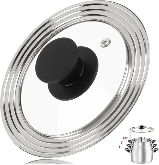 Universal Lid for Pots, Pans and Skillets, Fits 6.5, 7 and 8 Inch Cookware, Replacement Frying Pan Cover with Tempered Glass Top, Stainless Steel Cast Iron Skillet Lids - Heat Resistant Handle