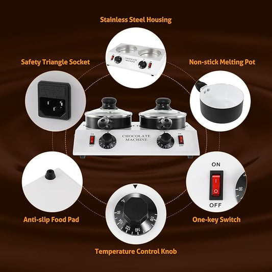 WICHEMI Chocolate Melting Pot Chocolate Warmer Chocolate Melter Chocolate Tempering Machine Pot for Home, Commercial Electric Melting for Chocolate, Butter, Cheese, Cream, Candy, Milk (Double Pots)