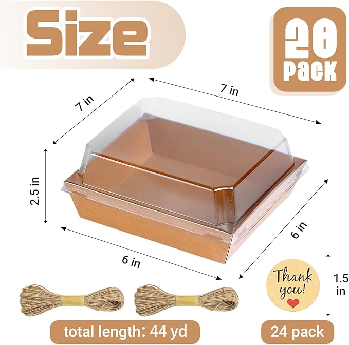 20 Pack Charcuterie Boxes with Clear Lids, 7 Inches Brown Large Square To Go Paper Bakery Dessert Treat Boxes, Disposable Food Containers for Sandwich Cookie Brownie Slice Cake Strawberry Snack