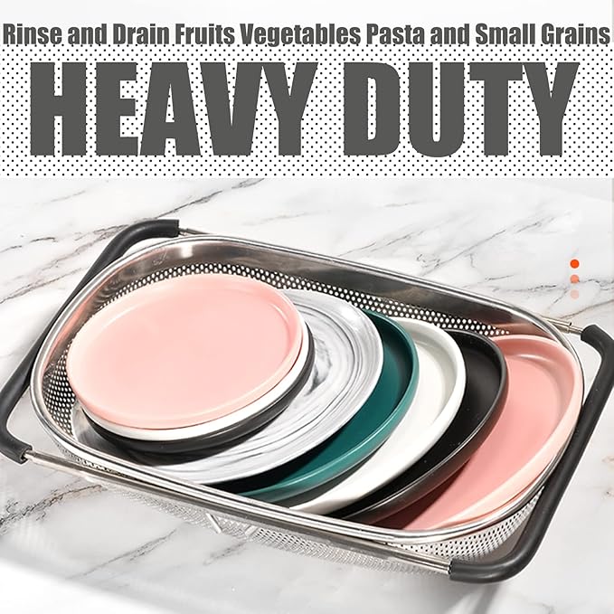 Over The Sink Strainer Stainless Steel Colander 5 Quart Basket with Expandable Rubber Grip Handles for Kitchen Sink - Strain, Drain, Rinse Fruits, Vegetables, Pasta, New Home Essentials