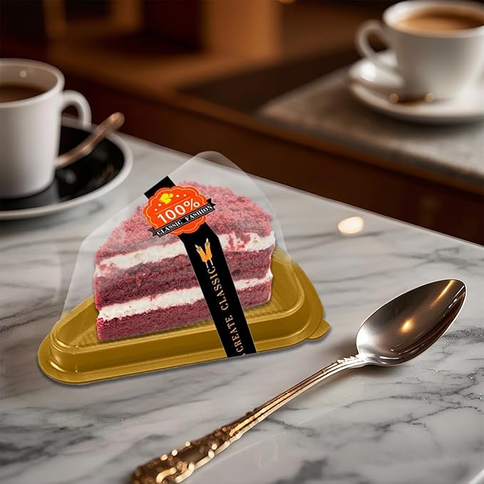 Cake Slice Container, 50 Pack Clear Plastic Cake Containers Cheesecake Container Pie Slice Box, Individual Pie Slice Box Disposable Cheesecake Containers For Pies Snack Dessert (Gold)