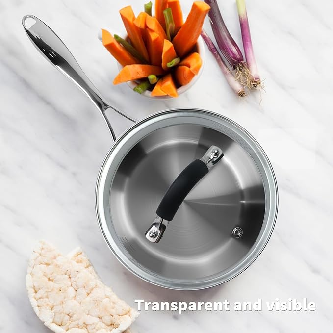 Woogim Thickened Stainless Steel Saucepan Milk Pot Glass Lid Included,Ergonomic Curved Handle with Strainer Holes and Pour Spout,2 Quart Sauce Pan,Suitable for Various Cooking Needs