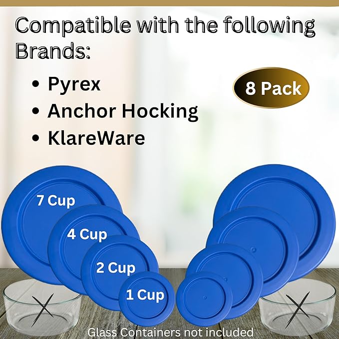 1, 2, 4 & 7 Cup Blue Replacement Lids/Covers for Pyrex, Anchor Hocking & KlareWare Storage Bowls *Lids Only Glass Container Not Included* (8 Pack *Two of Each Size*)
