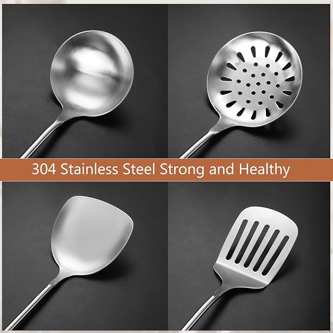 304 Stainless Steel Kitchen Utensils Set, 4 Pcs Long Cooking Utensils Set with Wooden Handle, Large Heat Resistant Kitchen Tools(Dishwasher Safe)