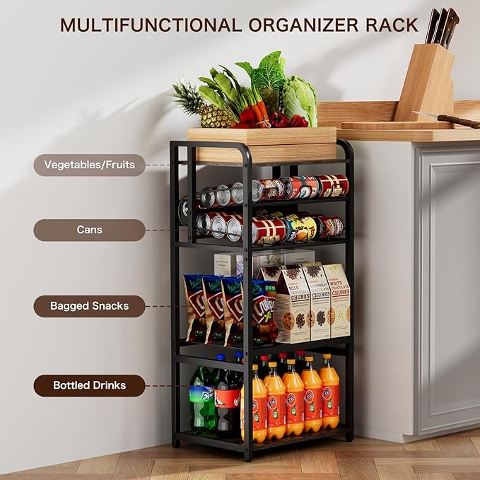 Kadolina Soda Can Organizer for Pantry, 5-Tier Storage Shelf, Kitchen Organizers and Storage, Multifunctional Snack Organizer Rack, Standing Can Rack for Pantry/Kitchen (Black)